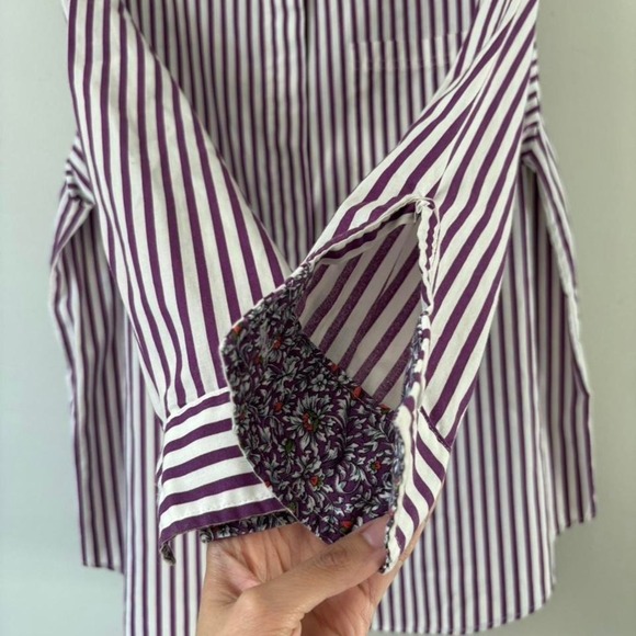 Vintage Preppy Striped Button Down Purple White Shirt Retro Floral Lining - XL - Picture 8 of 8